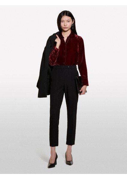 Viskoz Karışımlı Paçası Yırtmaç Detaylı Yüksek Bel Pantolon Kadın Siyah Pantolon - 324A45PKLF05Z