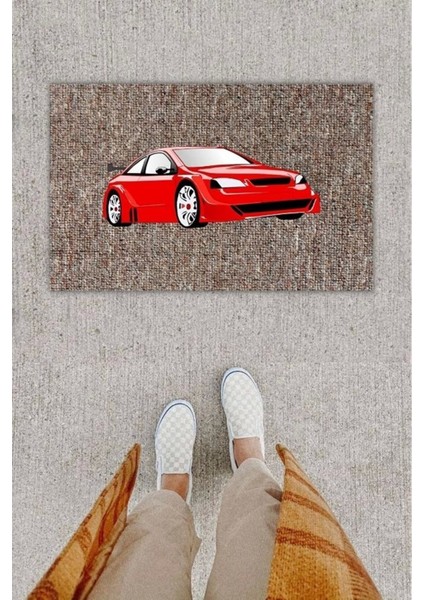 Defnada Dijital Baskı Dekoratif Spor Araba Kırmızı Kapı Önü Paspası K-1282