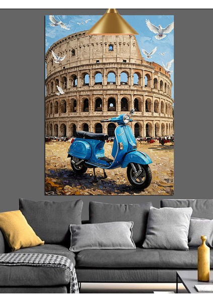 Roma Kolezyum Önündeki Mavi Vespa Scooter Dekoratif Kanvas - Mdf Ahşap Tablo