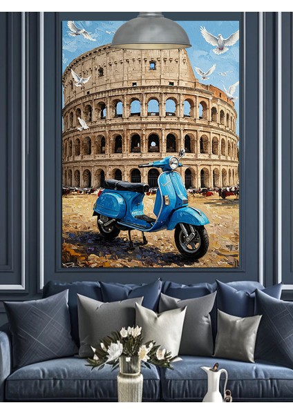 Roma Kolezyum Önündeki Mavi Vespa Scooter Dekoratif Kanvas - Mdf Ahşap Tablo fiyatları