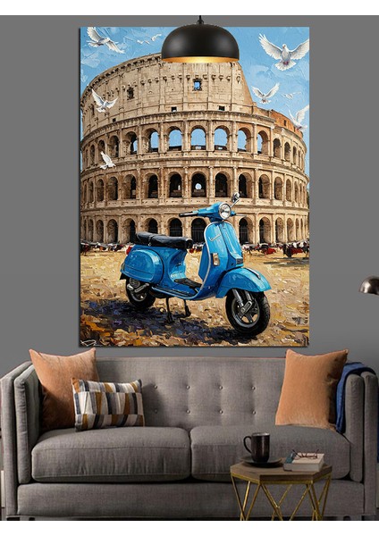 Roma Kolezyum Önündeki Mavi Vespa Scooter Dekoratif Kanvas - Mdf Ahşap Tablo modelleri