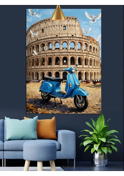Roma Kolezyum Önündeki Mavi Vespa Scooter Dekoratif Kanvas - Mdf Ahşap Tablo fırsatları