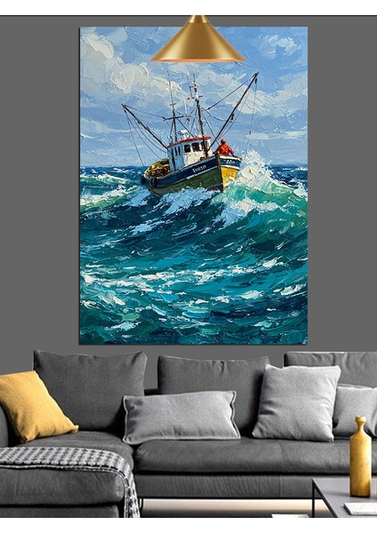 Fırtınalı Denizde Avlanan Balıkçı Teknesi Dekoratif Kanvas - Mdf Ahşap Tablo