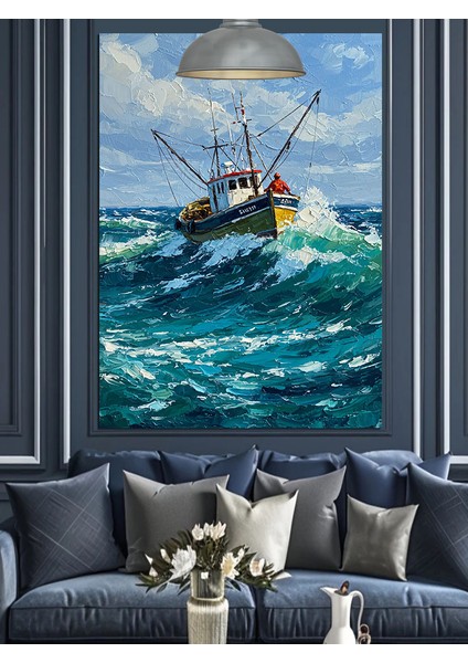 Fırtınalı Denizde Avlanan Balıkçı Teknesi Dekoratif Kanvas - Mdf Ahşap Tablo fiyatları
