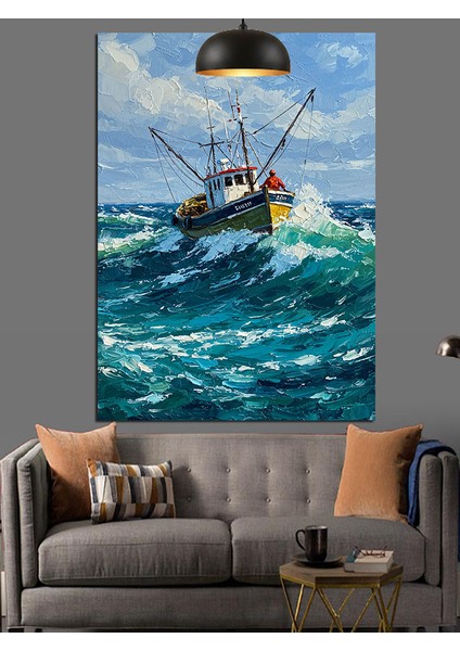 Fırtınalı Denizde Avlanan Balıkçı Teknesi Dekoratif Kanvas - Mdf Ahşap Tablo modelleri