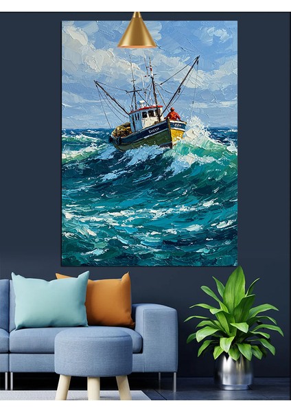 Fırtınalı Denizde Avlanan Balıkçı Teknesi Dekoratif Kanvas - Mdf Ahşap Tablo fırsatları
