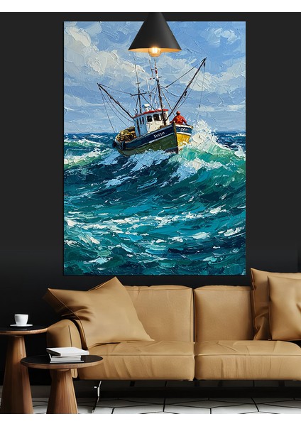 Fırtınalı Denizde Avlanan Balıkçı Teknesi Dekoratif Kanvas - Mdf Ahşap Tablo indirimleri