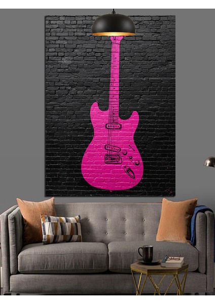 Pembe Elektro Gitar Müzik Aleti Dekoratif Kanvas - Mdf Ahşap Tablo