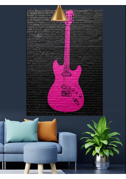 Pembe Elektro Gitar Müzik Aleti Dekoratif Kanvas - Mdf Ahşap Tablo fiyatları