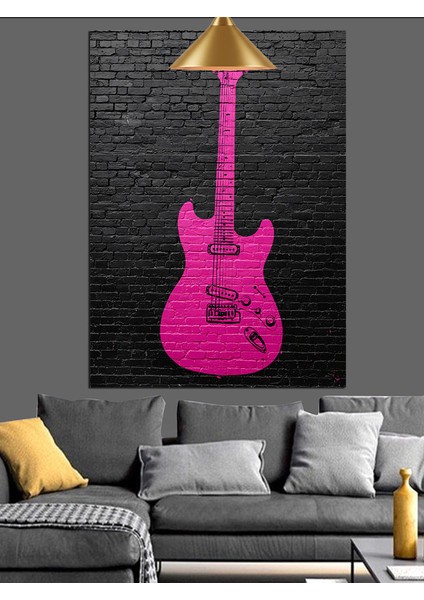 Pembe Elektro Gitar Müzik Aleti Dekoratif Kanvas - Mdf Ahşap Tablo fırsatları