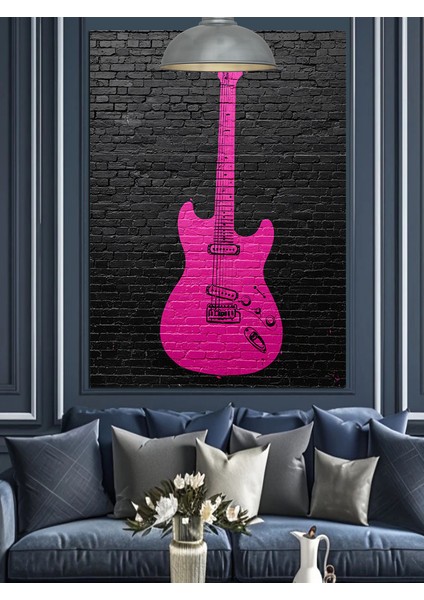 Pembe Elektro Gitar Müzik Aleti Dekoratif Kanvas - Mdf Ahşap Tablo indirimleri