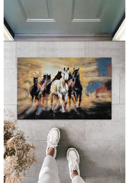 Çok Amaçlı Dijital Baskı Kahverenk Koşan Atlar Iç ve Dış Mekan Kapı Paspası