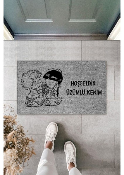 Modern Dijital Baskı - Gri Hoşgeldin Üzümlü Kekim - 70X45 cm Kapı Önü Paspası
