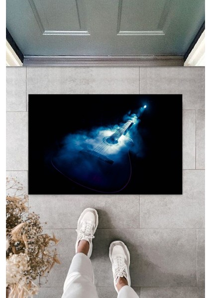 Çok Amaçlı Dijital Baskı Siyah Mavi Gitar Iç ve Dış Mekan Kapı Paspası