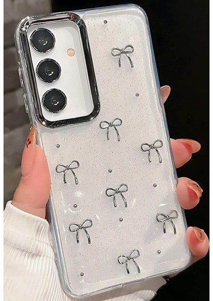 Samsung Galaxy S25 Fe Kılıf Kamera Korumalı Şeffaf Dalga Kenarlı Kırmızı Kalp Diyonk Desenli Yumuşak Silikon Kapak