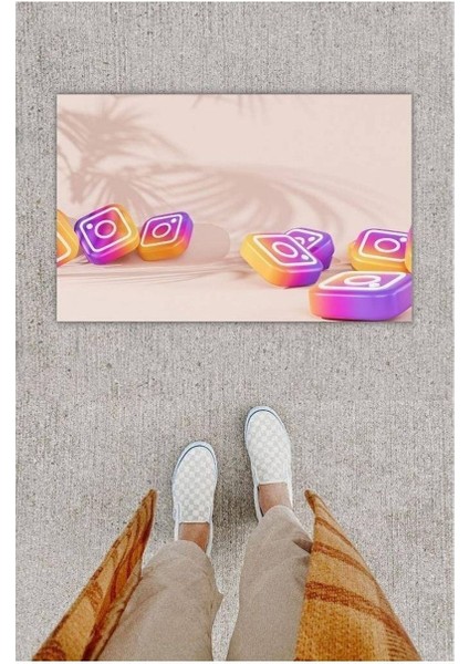Dijital Baskı Dekoratif Instagram Pembe Kapı Önü Paspası