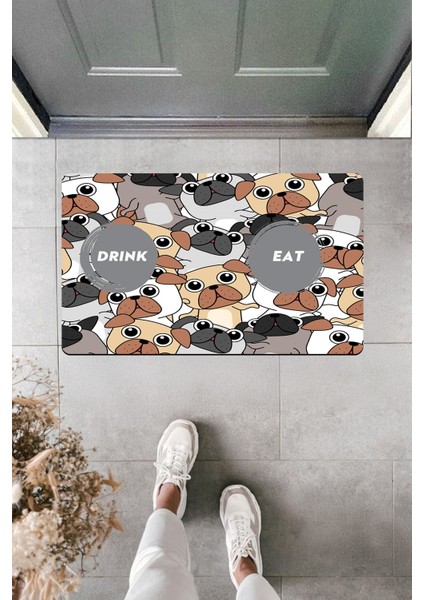 Yüksek Kaliteli Dijital Baskı Çok Renkli Köpek Grafikli Eat Drink Kapı Önü Paspası