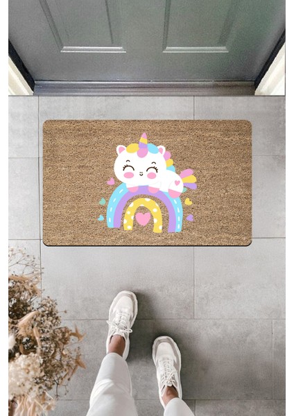 Yüksek Kaliteli Dijital Baskı Şirin At ve Gökkuşağı Kapı Önü Paspası