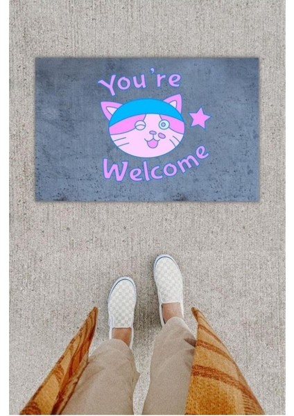 Dijital Baskı Dekoratif Welcome Kedili Antrasit Kapı Önü Paspası