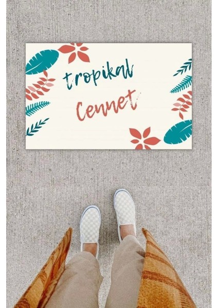 Defnada Dijital Baskı Dekoratif Yaprak Krem Kapı Önü Paspası K-1205