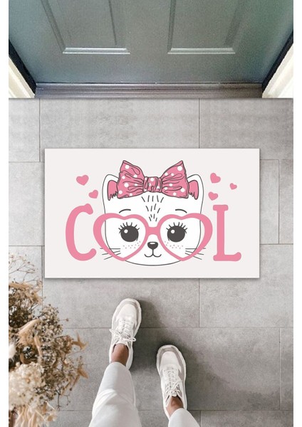 Dijital Baskı Kalitesi Beyaz Cool Pembe Gözlüklü Fiyonklu Kedi Dekoratif Kapı Paspası