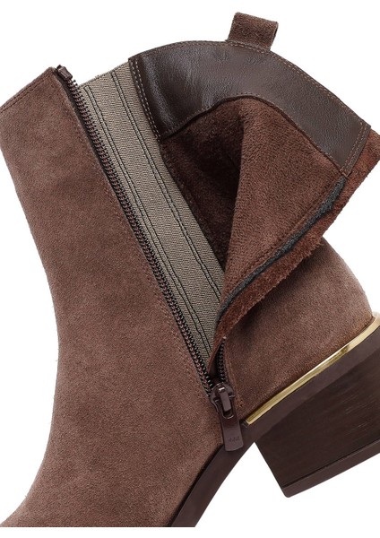 Kadın Vizon Fermuarlı Kısa Kalın Topuklu Süet Deri Bot 25WFD360610