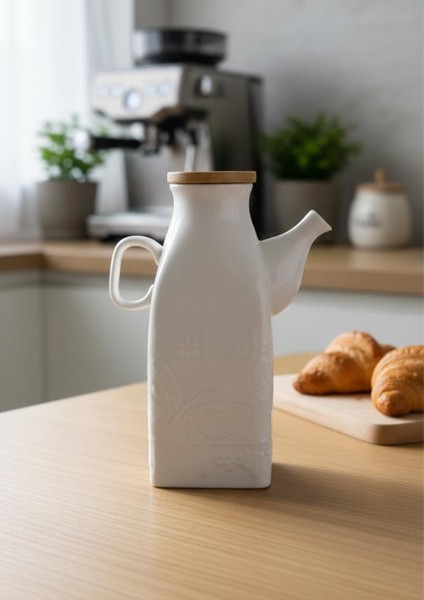 Porselen Süt Şişesi - Bambu Kapaklı Yağdanlık 650 ml