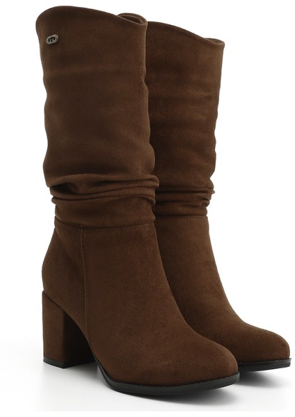 Kadın Kahve Yuvarlak Burun Körüklü Kalın Topuklu Çizme fiyatları