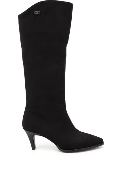 Kadın Siyah Deri Sivri Burun İnce Topuklu Çizme