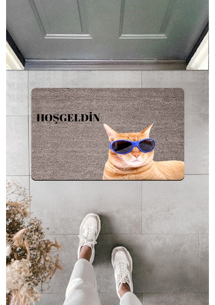 Yüksek Kaliteli Dijital Baskı Gözlüklü Kedi Hoş Geldin Kapı Önü Paspası