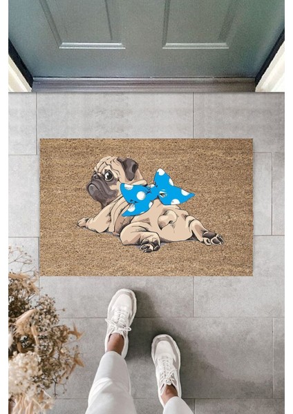 Çok Amaçlı Dijital Baskı Kahverenk Mavi Kurdelili Pug Iç ve Dış Mekan Paspas