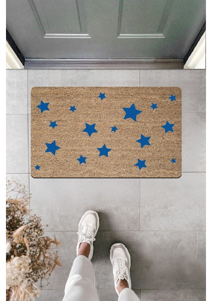 Yüksek Kaliteli Dijital Baskı Açıkkahve Renk Üzeri Mavi Yıldızlar Kapı Önü Paspası