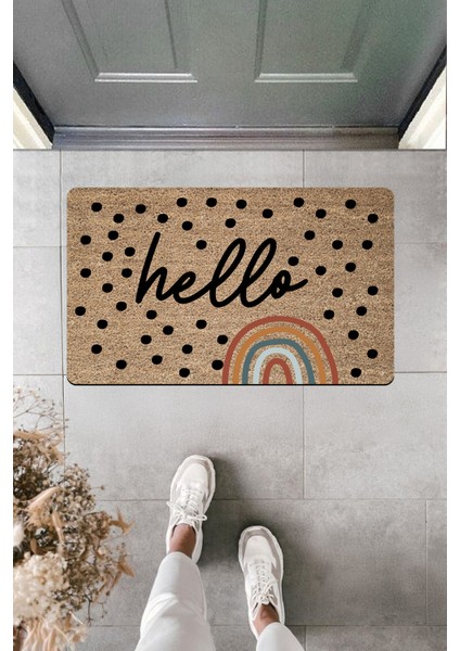 Yüksek Kaliteli Dijital Baskı Noktalı Hello Gökkuşağı Kapı Önü Paspası