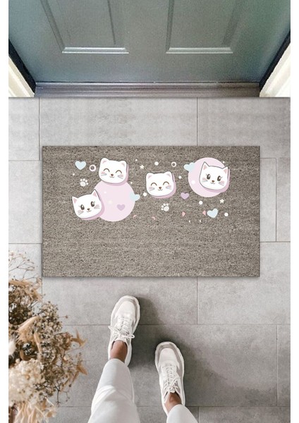 Dijital Baskı Kalitesi Gri Kalpli Pembeli Uykucu Kediler Dekoratif Kapı Paspası