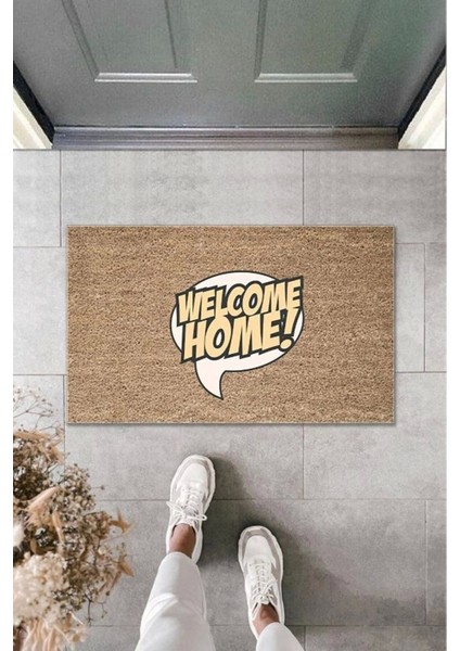 Defnada Dijital Baskı Kahverengi Konuşma Balonu Içinde Welcome Home Dekoratif Kapı Paspası K-2005