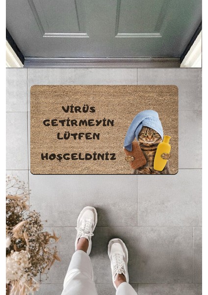 Yüksek Kaliteli Dijital Baskı Virüs Getirmeyin Lütfen Kedili Kapı Önü Paspası