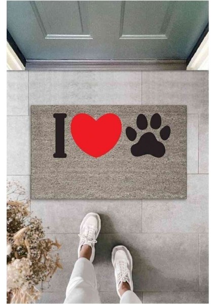Dijital Baskı Kalitesi Gri I Love Pati Kırmızı Kalpli Dekoratif Kapı Paspası