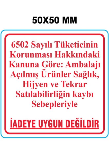 Hijyen ve Iadeye Uygun Değildir. Etiketi 50MM x 50MM