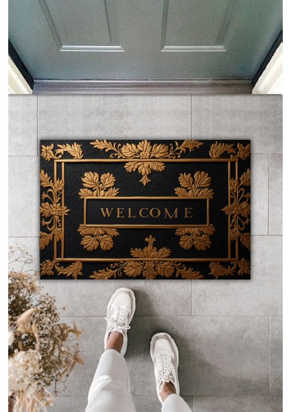 Dijital Baskı Premium Gold Motifli Welcome Kapı Önü Paspası