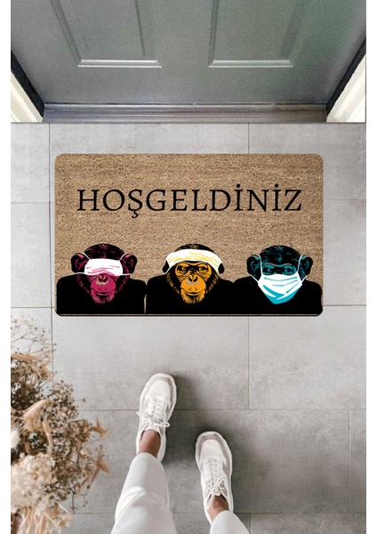 Yüksek Kaliteli Dijital Baskı Renkli Maymunlar Görmez Duymaz Bilmez Hoşgeldiniz Kapı Önü Paspası