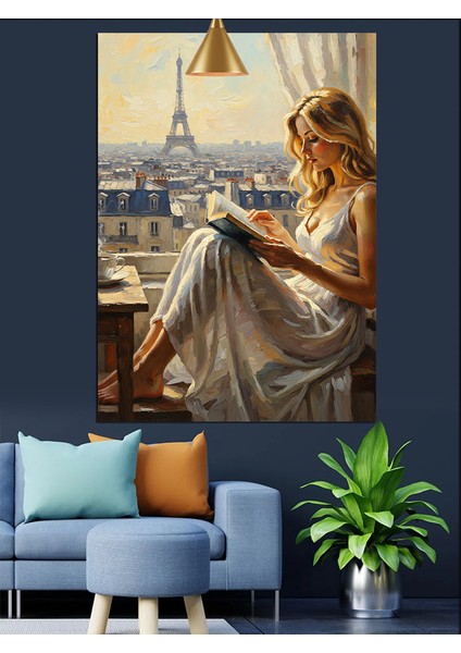 Beyaz Elbiseyle Paris'te Oturan Kadın Dekoratif Kanvas - Mdf Ahşap Tablo
