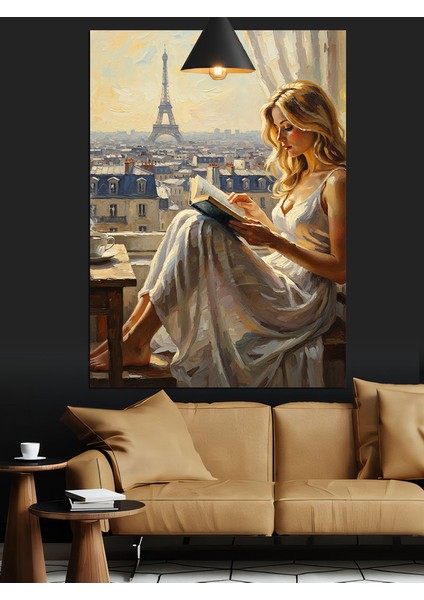 Beyaz Elbiseyle Paris'te Oturan Kadın Dekoratif Kanvas - Mdf Ahşap Tablo fiyatları