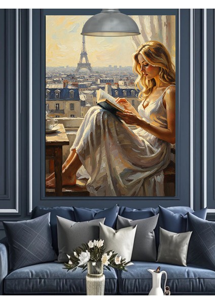 Beyaz Elbiseyle Paris'te Oturan Kadın Dekoratif Kanvas - Mdf Ahşap Tablo fırsatları