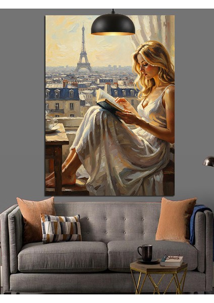 Beyaz Elbiseyle Paris'te Oturan Kadın Dekoratif Kanvas - Mdf Ahşap Tablo indirimleri