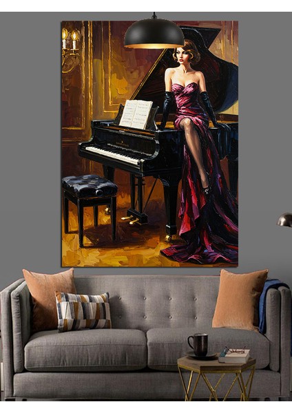 Piyano Çalan Elbiseli Kadın Dekoratif Kanvas - Mdf Ahşap Tablo