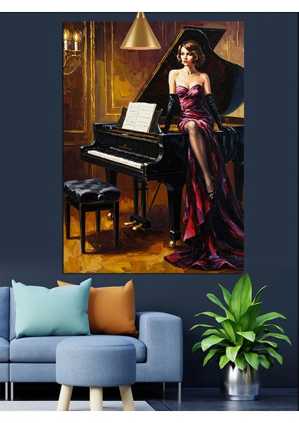 Piyano Çalan Elbiseli Kadın Dekoratif Kanvas - Mdf Ahşap Tablo fiyatları