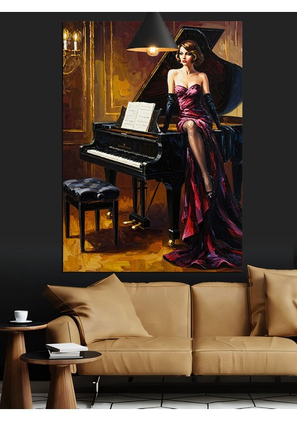 Piyano Çalan Elbiseli Kadın Dekoratif Kanvas - Mdf Ahşap Tablo modelleri