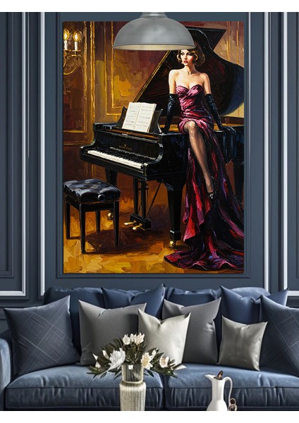 Piyano Çalan Elbiseli Kadın Dekoratif Kanvas - Mdf Ahşap Tablo indirimleri