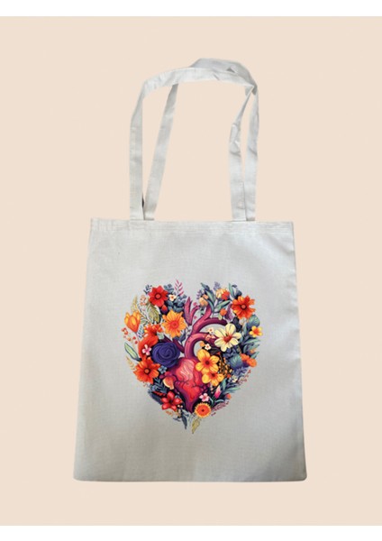 Çiçekli Kalp Baskılı Bez Çanta - Büyük Boy Kadın Omuz Çantası