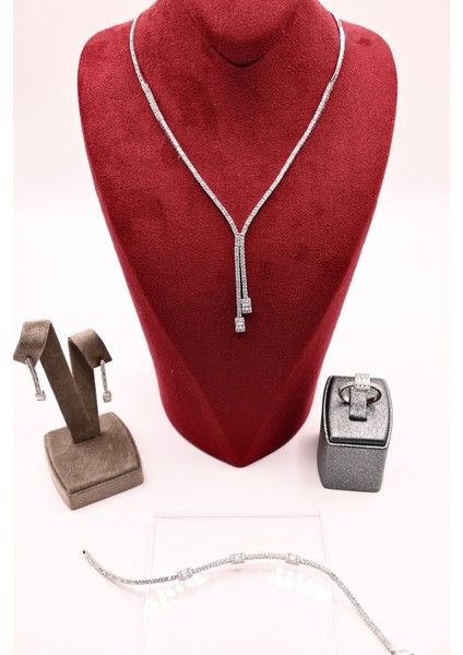 925 Ayar Gümüş Su Yolu Baget Model Ithal Zirkon Taşlı Kolye, Bileklik, Küpe, Yüzük Düğün Takı Seti